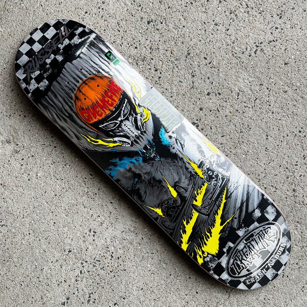 8.51in x 31.88in RUSSELL CRASH AND BURN PRO SKATEBOARD DECK