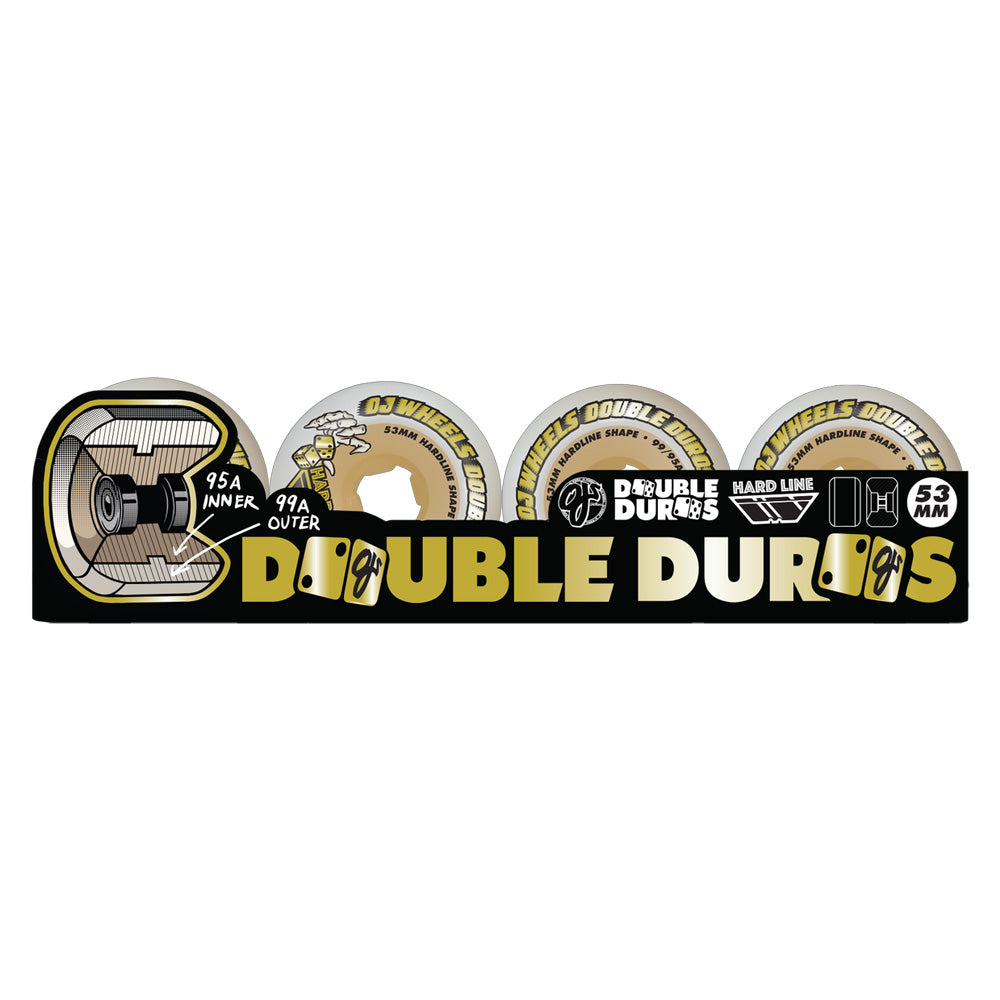53mm DOUBLE DURO WHITE / GUM HARDLINE 99A/95A SKATEBOARD WHEELS