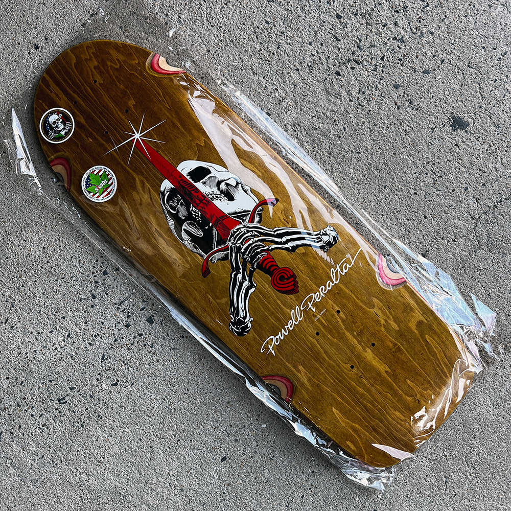 10.0in x 30.0in OG RAY RODRIGUEZ SKULL & SWORD REISSUE SKATEBOARD DECK BROWN SHAPE 166
