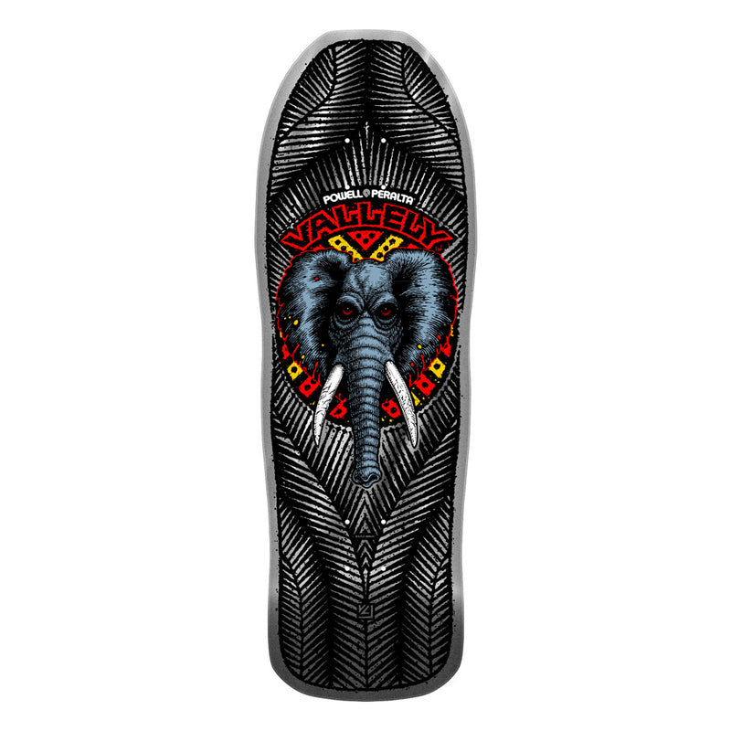 9.85in x 30.0in VALLELY ELEPHANT SILVER FOIL SKATEBOARD DECK SHAPE 163