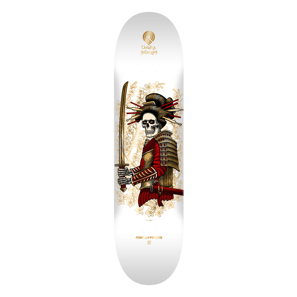 8.25in x 31.95in YOSOZUMI SAKURA ONNA BUGEISHA WHITE/GOLD FOIL SKATEBOARD DECK SHAPE 248