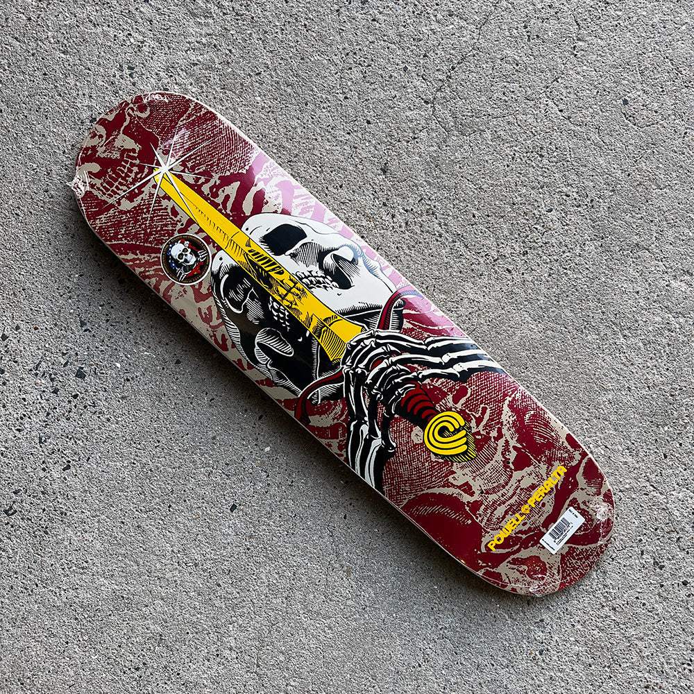 7.5in x 28.65in SKULL & SWORD KHAKI/BURGUNDY SKATEBOARD DECK SHAPE