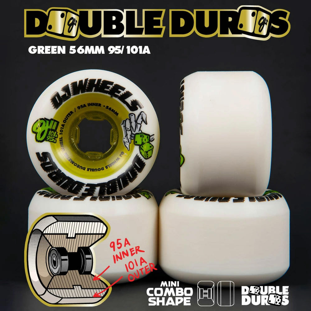 56mm DOUBLE DURO WHITE/GREEN MINI COMBO 101A/95A SKATEBOARD WHEELS