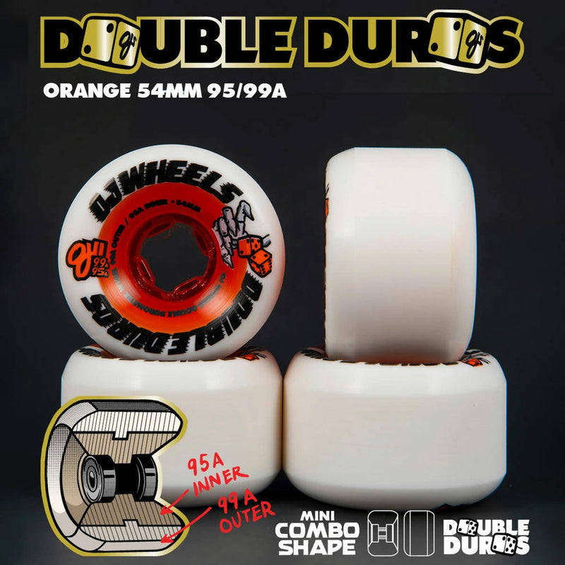 54mm DOUBLE DURO WHITE/ORANGE MINI COMBO 99A/95A SKATEBOARD WHEELS