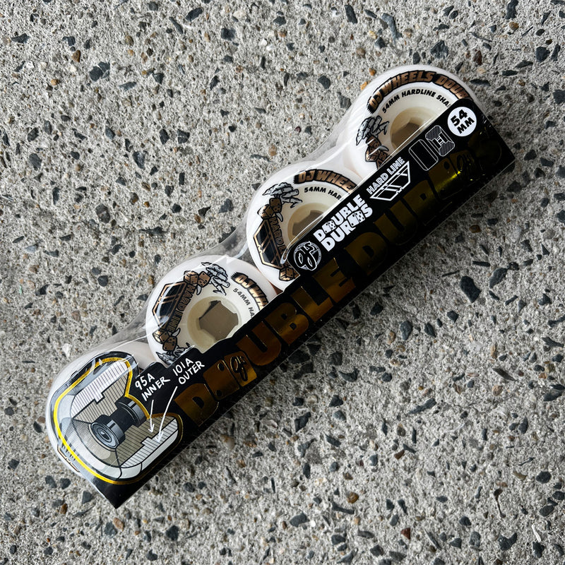 54mm DOUBLE DURO WHITE HARDLINE 101A/95A SKATEBOARD WHEELS