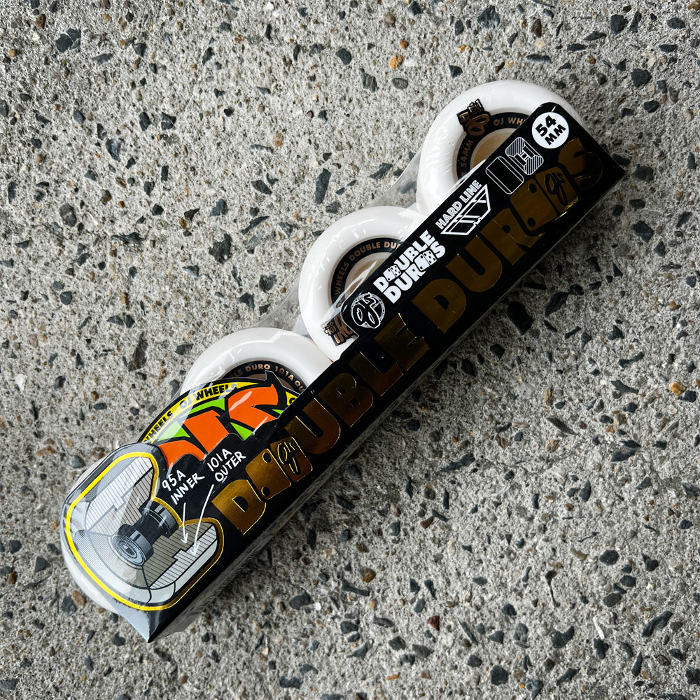 54mm DOUBLE DURO WHITE HARDLINE 101A/95A SKATEBOARD WHEELS