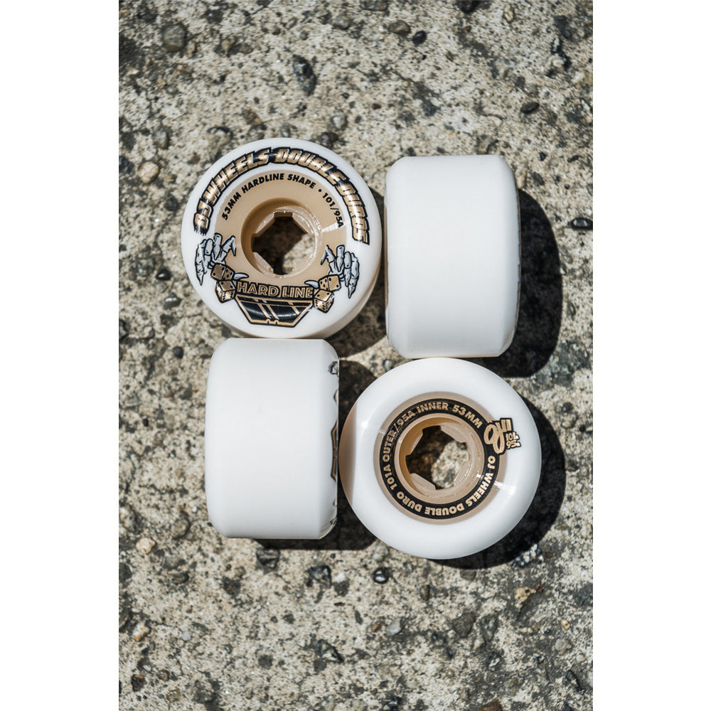 53mm DOUBLE DURO WHITE/GUM HARDLINE 101A/95A SKATEBOARD WHEELS