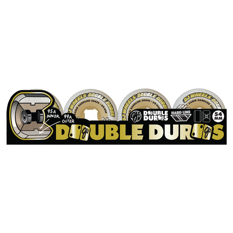 54mm DOUBLE DURO WHITE/GUM HARDLINE 99A/95A SKATEBOARD WHEELS