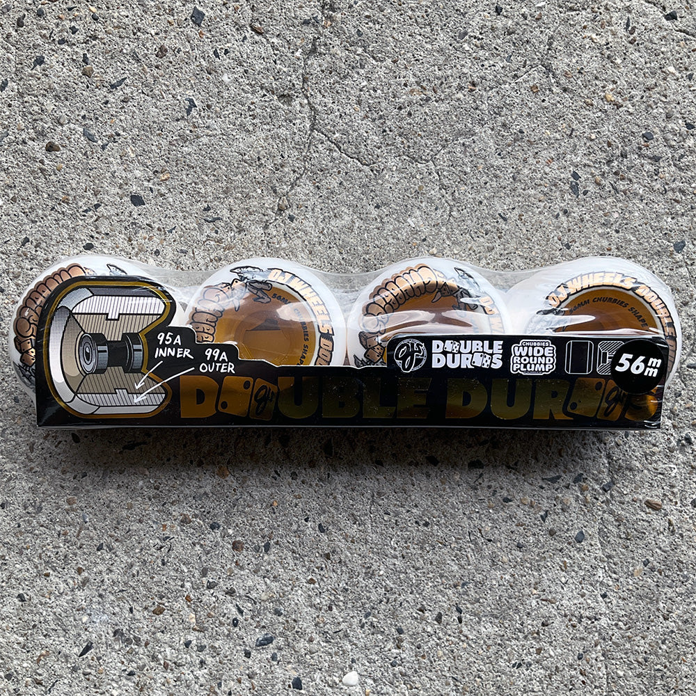 56mm DOUBLE DURO WHITE/GOLD CHUBBIES 99A/95A SKATEBOARD WHEELS