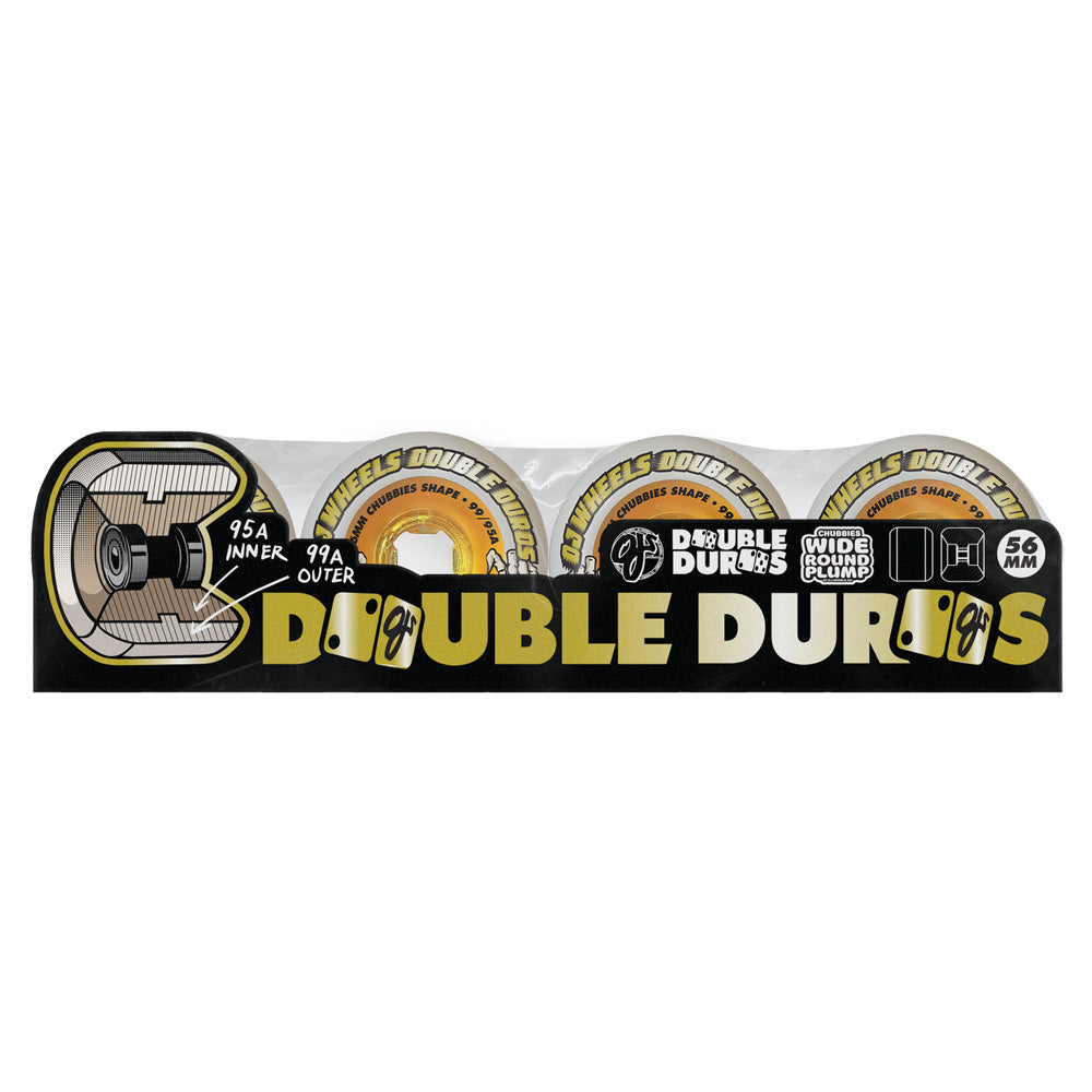 56mm DOUBLE DURO WHITE/GOLD CHUBBIES 99A/95A SKATEBOARD WHEELS