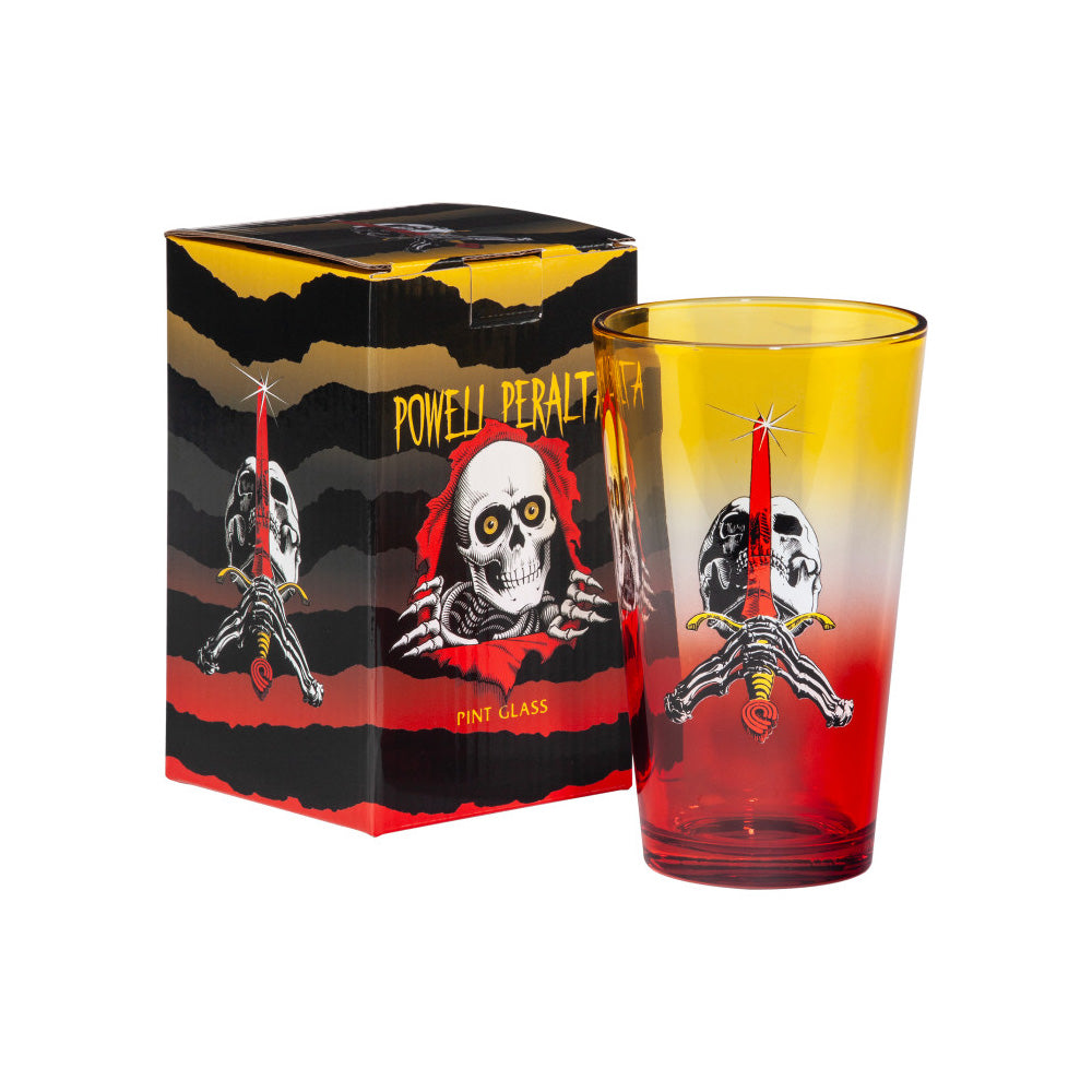 SKULL&SWORD PINT GLASS YELLOW/RED FADE
