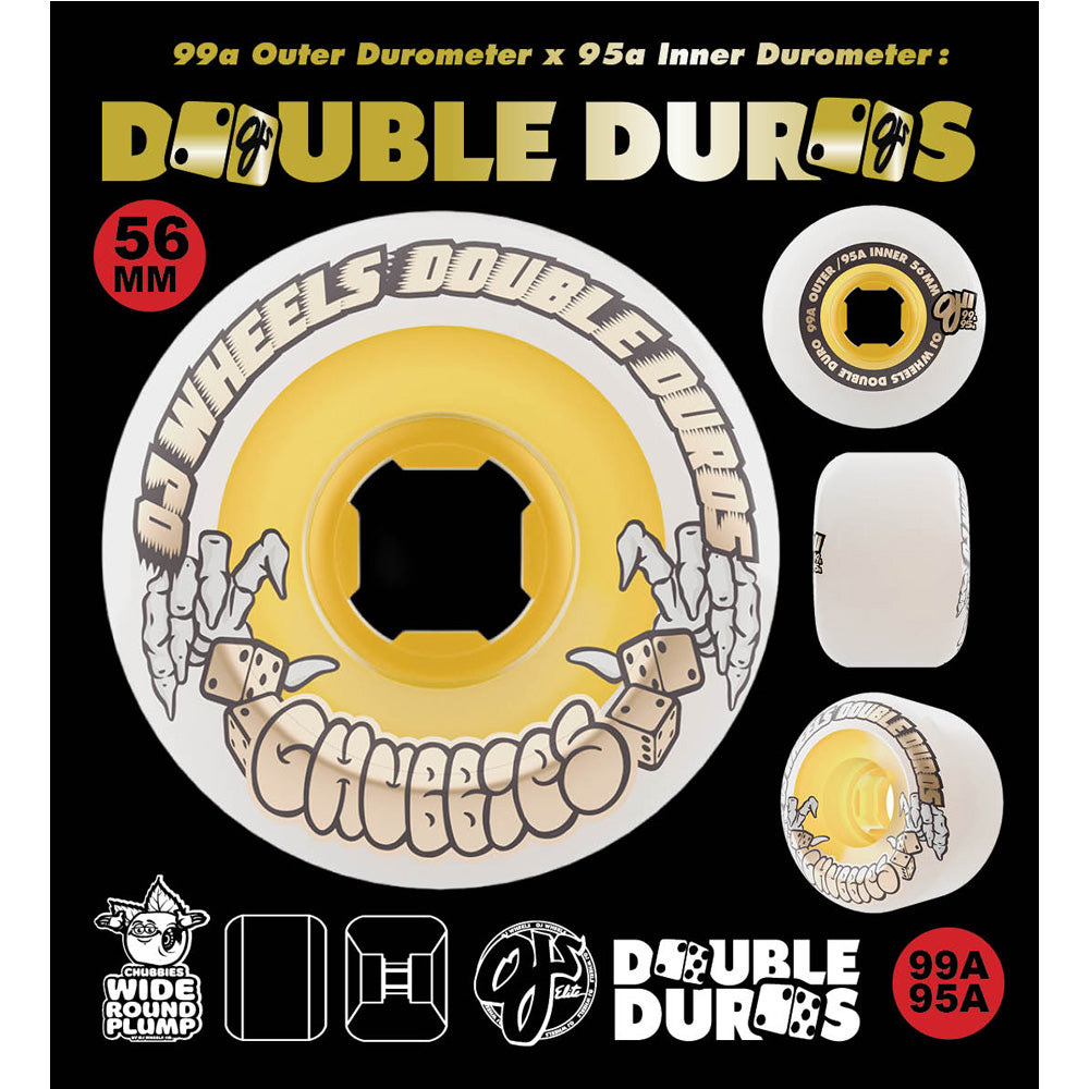 56mm DOUBLE DURO WHITE/GOLD CHUBBIES 99A/95A SKATEBOARD WHEELS