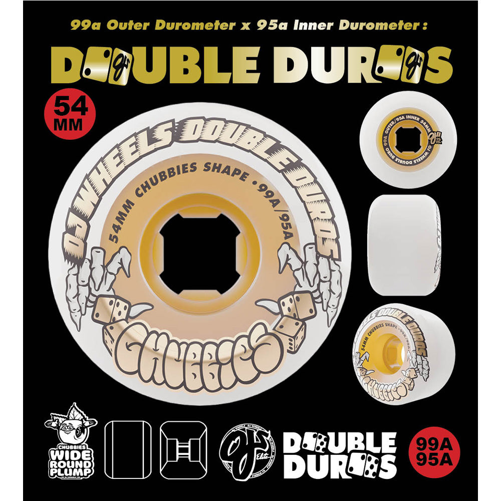 54mm DOUBLE DURO WHITE/GUM CHUBBIES 99A/95A SKATEBOARD WHEELS